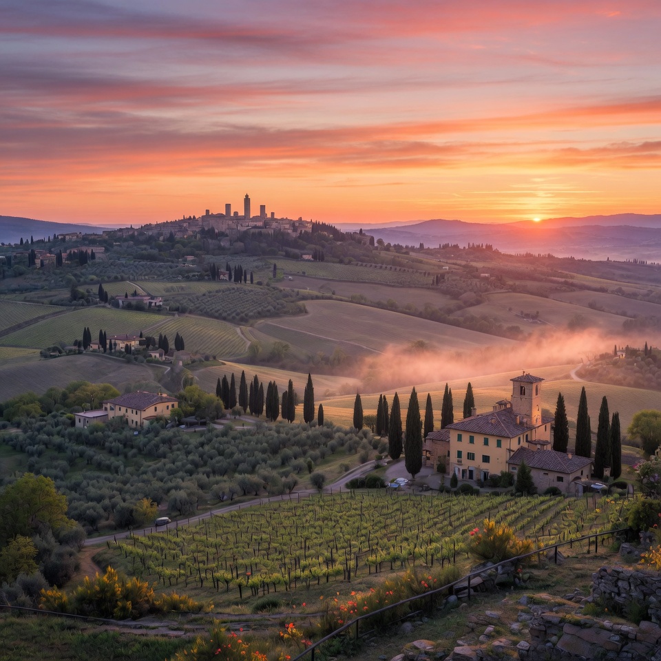 Tuscany at sunrise - rolling hills with olive groves and cypress trees